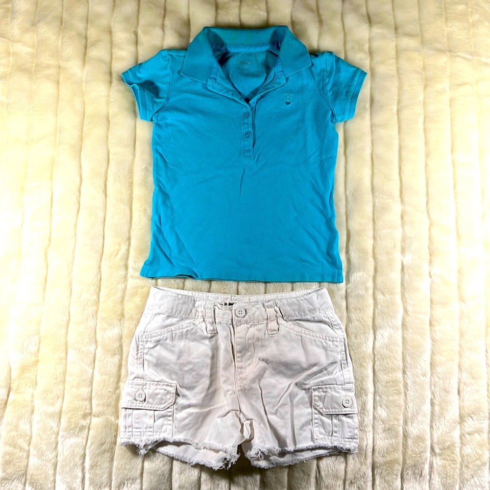 CHEROKEE GIRLS SHIRT SIZE SMALL, RUFF HEWN GIRLS SHORTS SIZE 10.